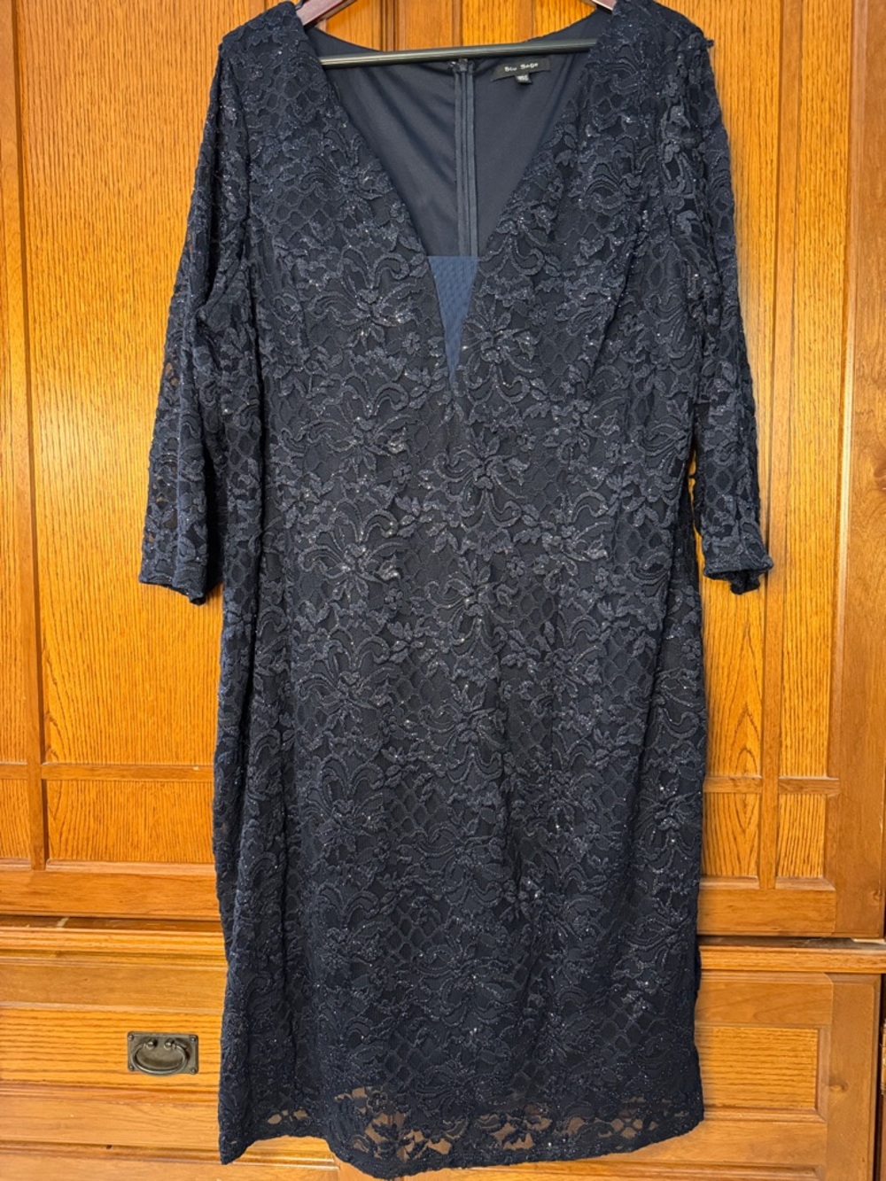 Blu Sage Navy Lace Midi Sheath Dress Shimmer Evening Cocktail Party Stretch